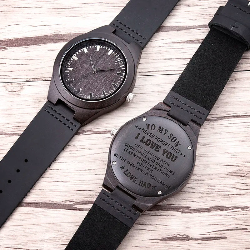 Ebony wood engraved watch for son hot sale